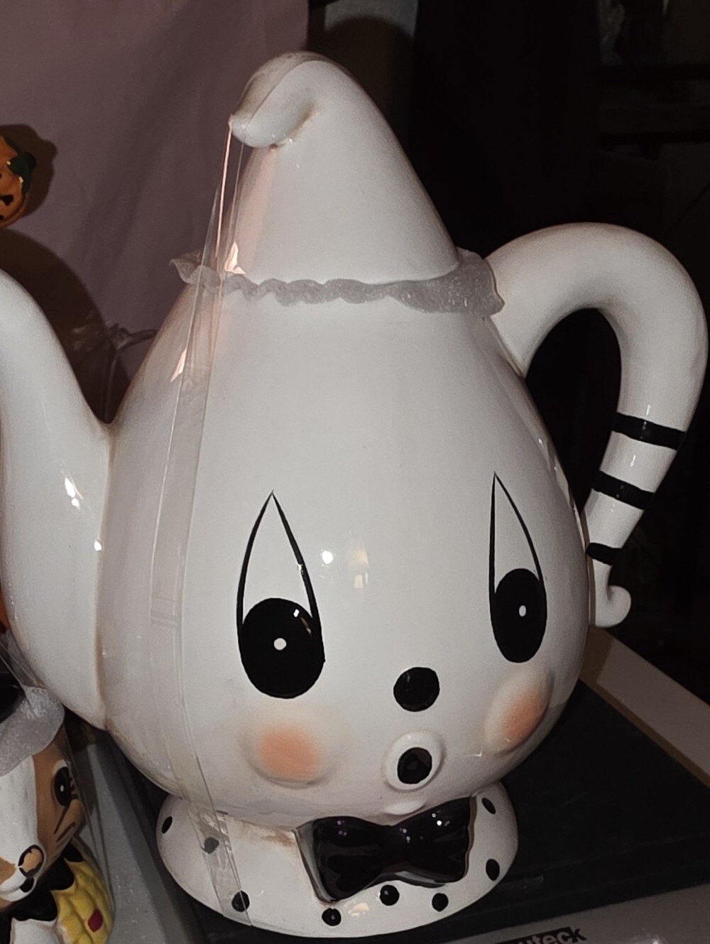 White Ghost Teapot Decorative Figurine with Black Accents